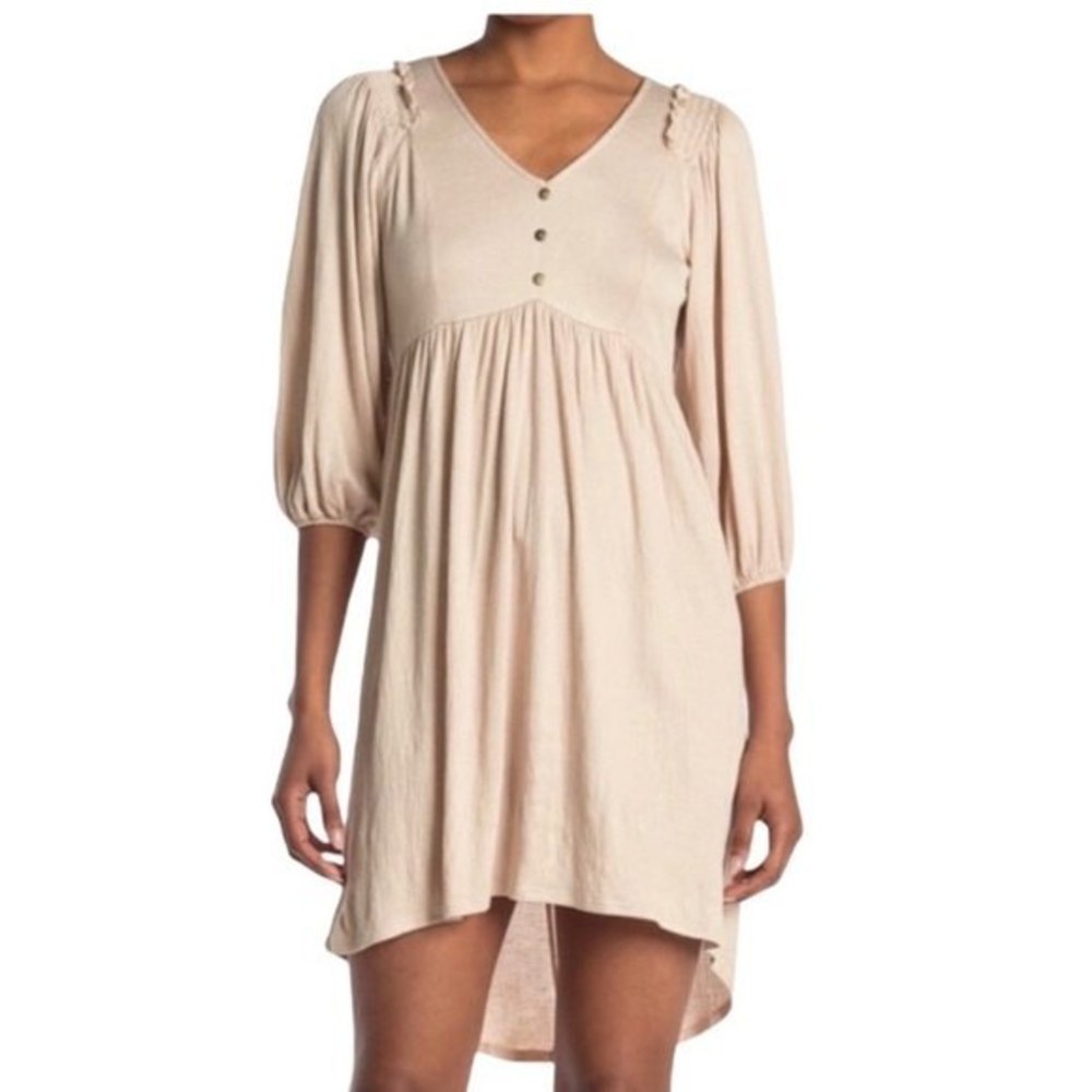ke-ned-ik NWT 3/4 Sleeve V Neck High Low Mini Dress Faux Button Taupe Large New